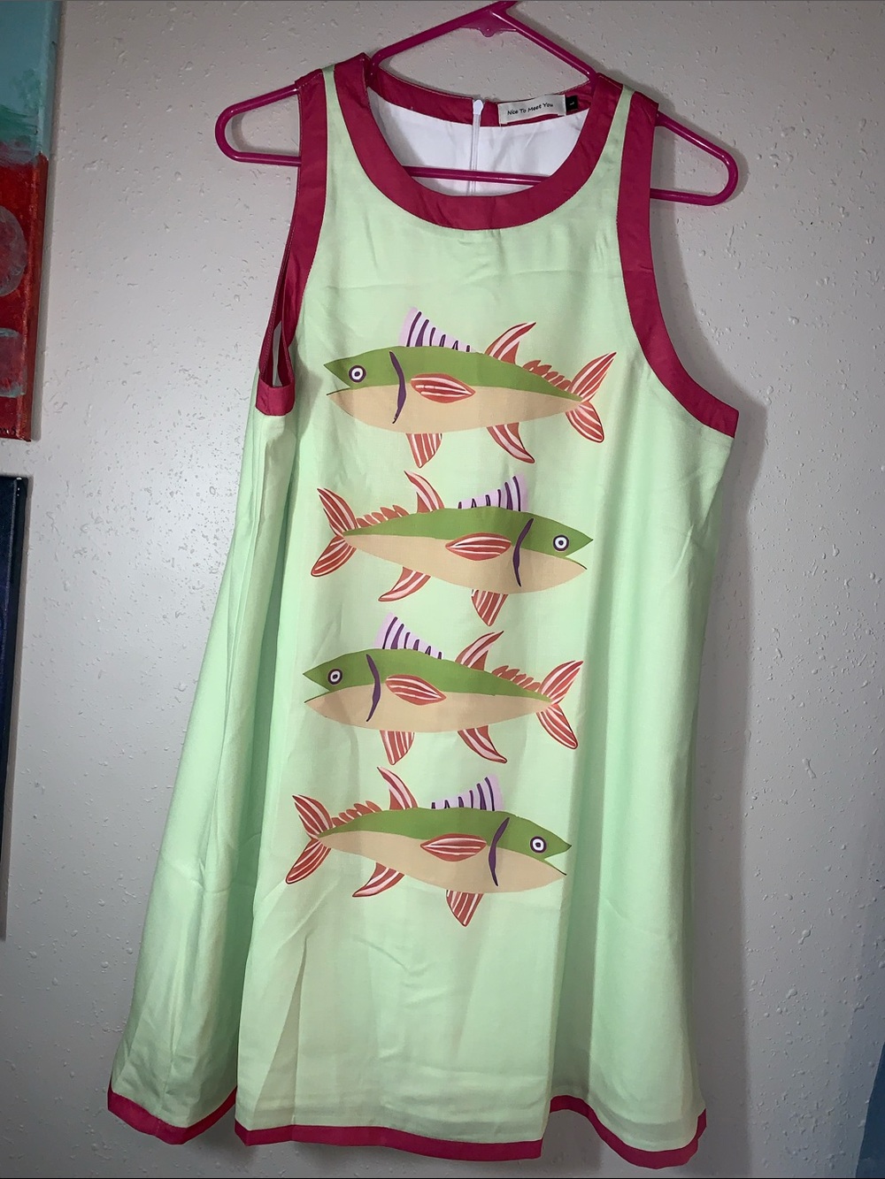 Women’s Mint Green Midi Dress with Pink Trim and Fish Print